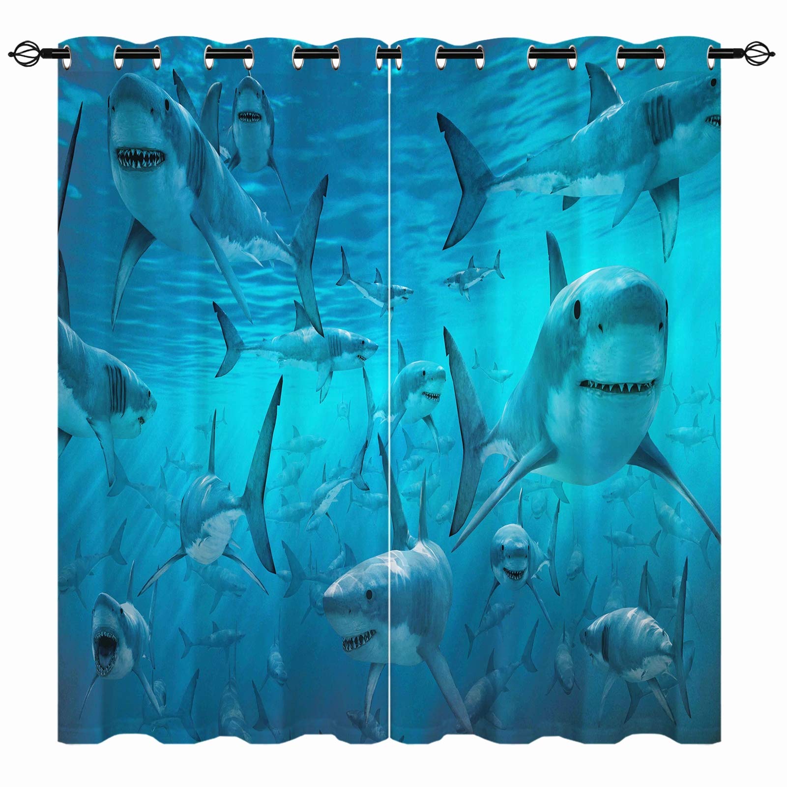YUANZU Shark Curtains - Ocean White Shark in Deep Sea Underwater World Animals Print Pattern Eyelet Blackout Thermal Room Darkening Window Drapes for Bedroom Living Room 2 Panels W117cm x D183cm