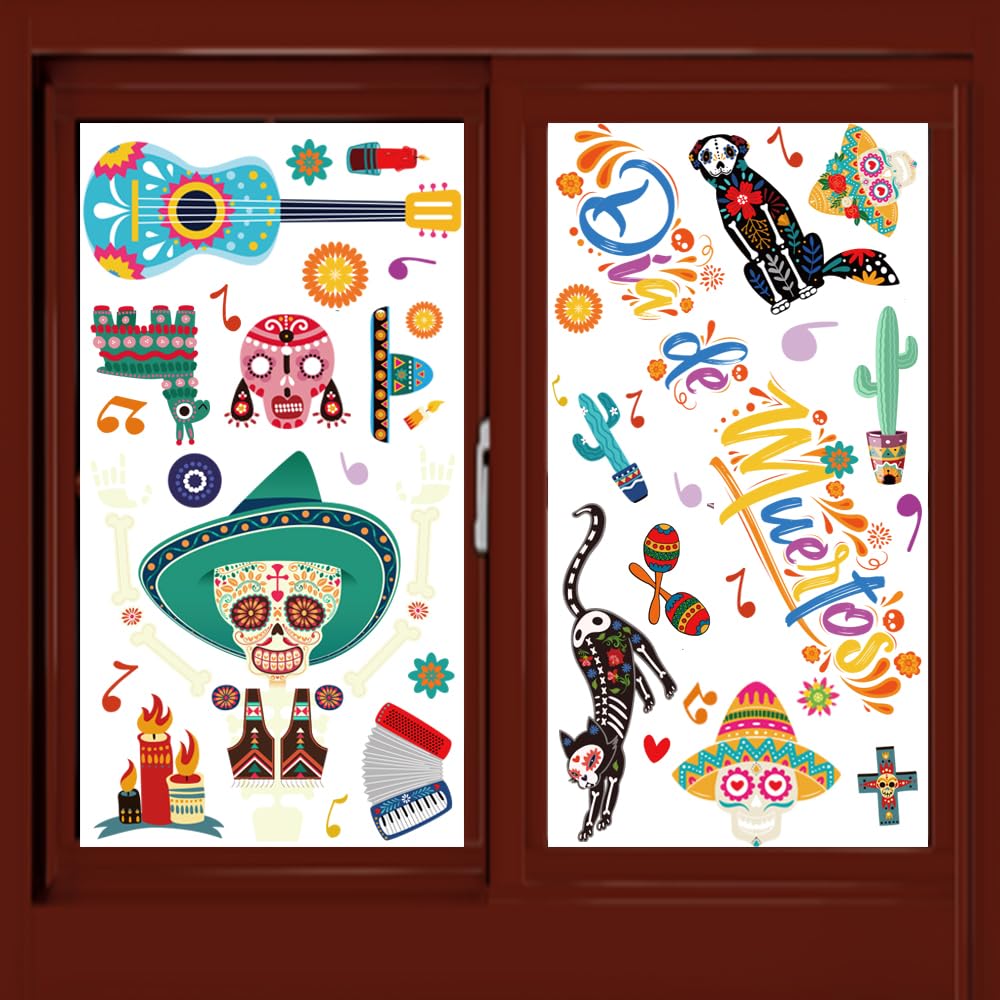 Day Of The Dead Fensterfolie – Zuckerschädel Motiv, 100 X 45 Cm, Statisch Haftend, Für Halloween & Dia De Los Muertos, Abnehmbar