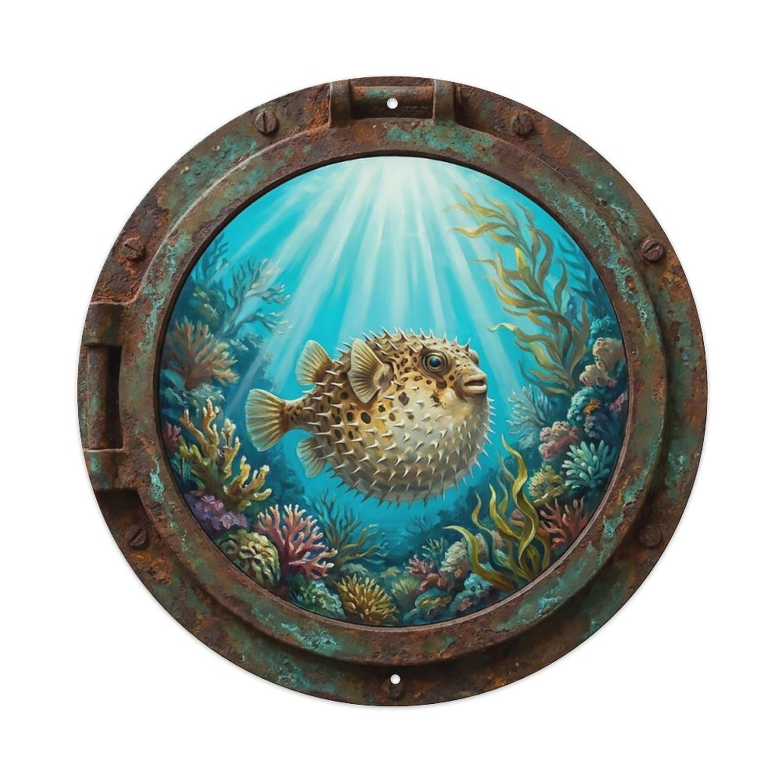Vintage Porthole Pufferfish Floating Ship Window Undersea Deep Sea Metal Tin Sign