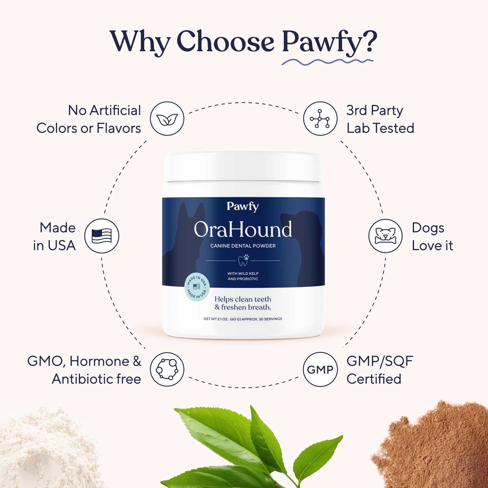Pawfy Orahound - Polvere per la pulizia dei denti del cane, polvere dentale avanzata per cani con placca e controllo del tartaro, cura dentale naturale del cane con alga, zeolite, carbone per alitosi