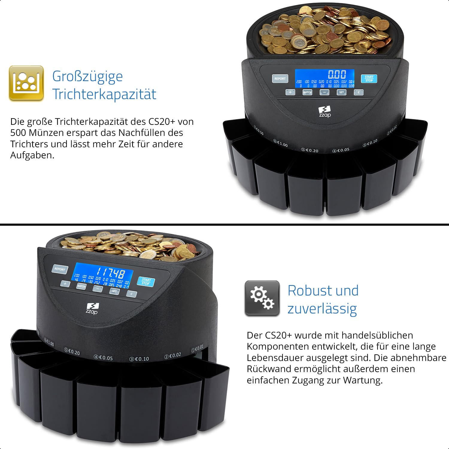 ZZap CS20+ Automatischer EURO Münzzähler & -sortierer - Geldzählmaschine Münzzählautomat Geldzähler