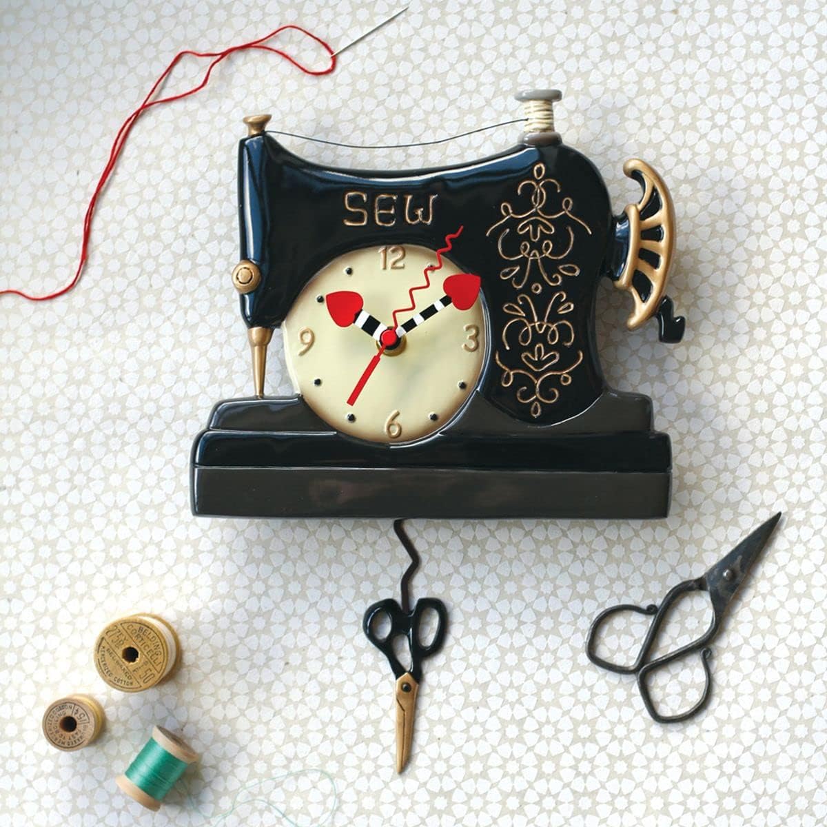 Allen Designs Vintage Stitch Sewing Machine Pendulum Wall Clock