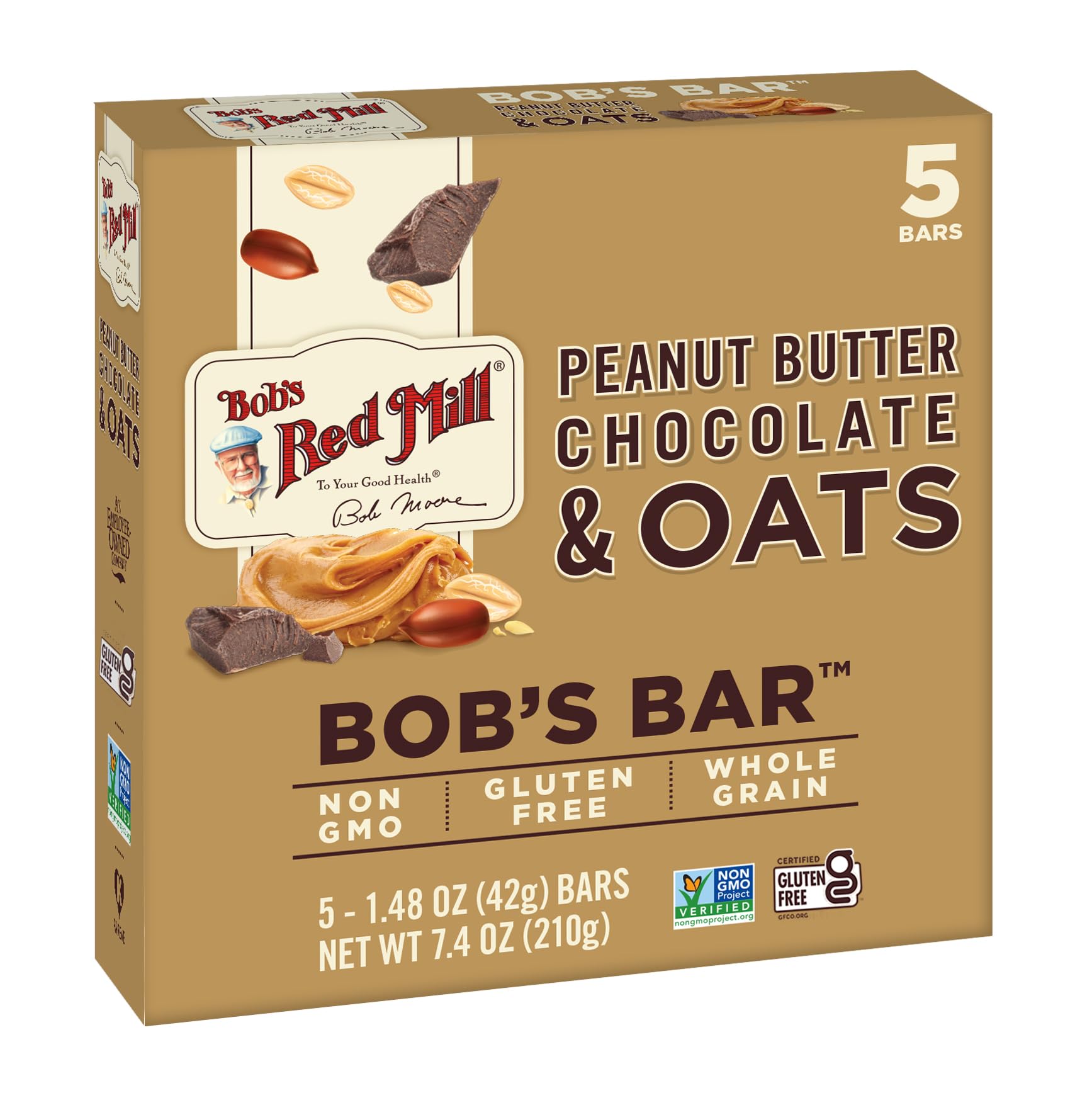 Bob's Red Mill 5pk PB Chocolate & Oats Bar, 5 bars (Pack of 1) - Non GMO, Gluten Free, Kosher
