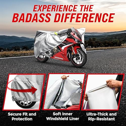 Vista 58 de Cubierta de protección para motocicleta de la marca Badass Motogear, con rayas reflectantes de seguridad nocturnas, escudos de calor, con badass