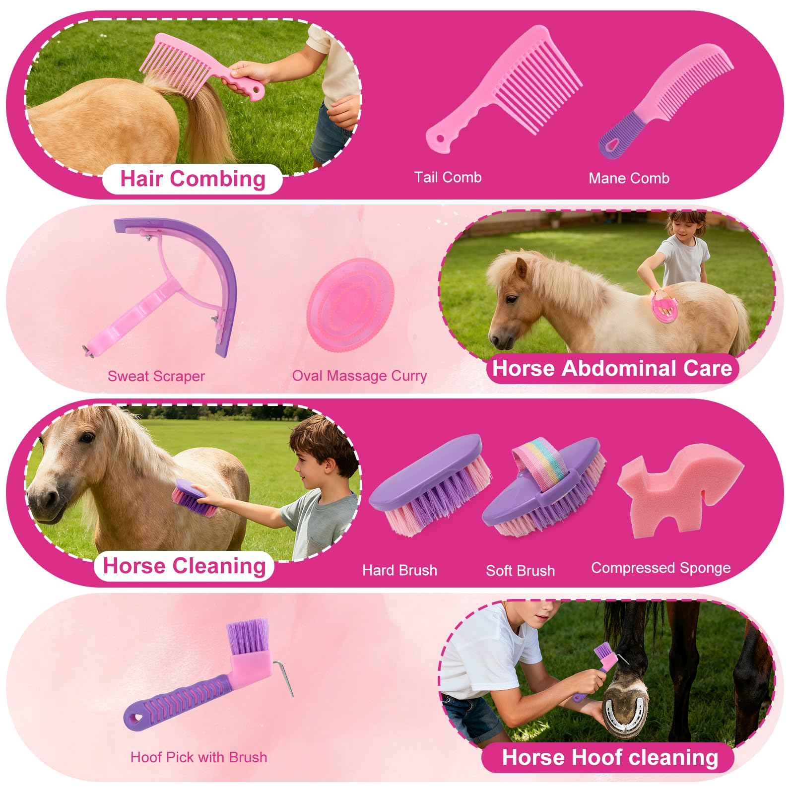 Kit per la cura del cavallo con accessori e borsa portaoggetti, serie per la cura del cavallo, spazzole per cavalli, spazzole a setole, toelettatura del cavallo, accessori per la toelettatura