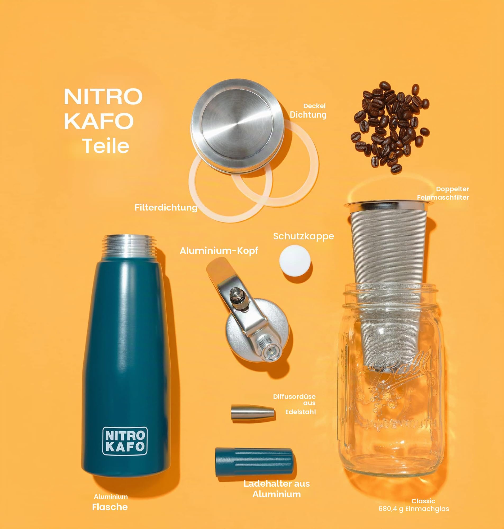 0,5L Cold Brew Coffee Maker Mason Jar Kaffeemaschine und Nitro Kaffeemaschine für Nitro Coffee – Edelstahlfilter, langlebiges Glas, recycelbare Aluminiumflasche mit Edelstahlteilen