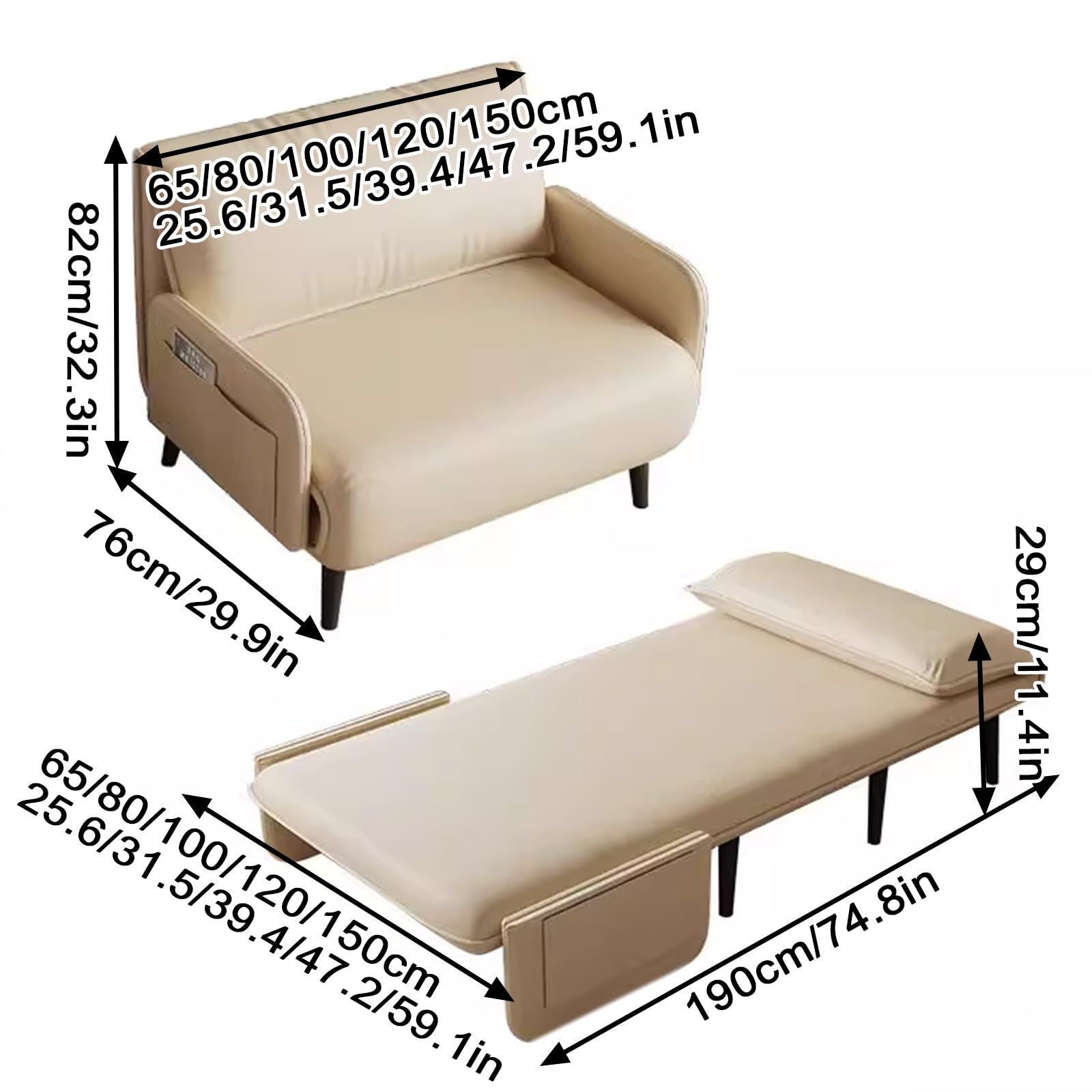 Chaiselongue Sofa mit Schlaffunktion Leder Verstellbare Rückenlehne Klappsofa Weich und Komfortabel Metallfüße Wohnzimmersofa für Wohnzimmer, Schlafzimmer, Gästezimmer(White,190 * 100 * 29cm)