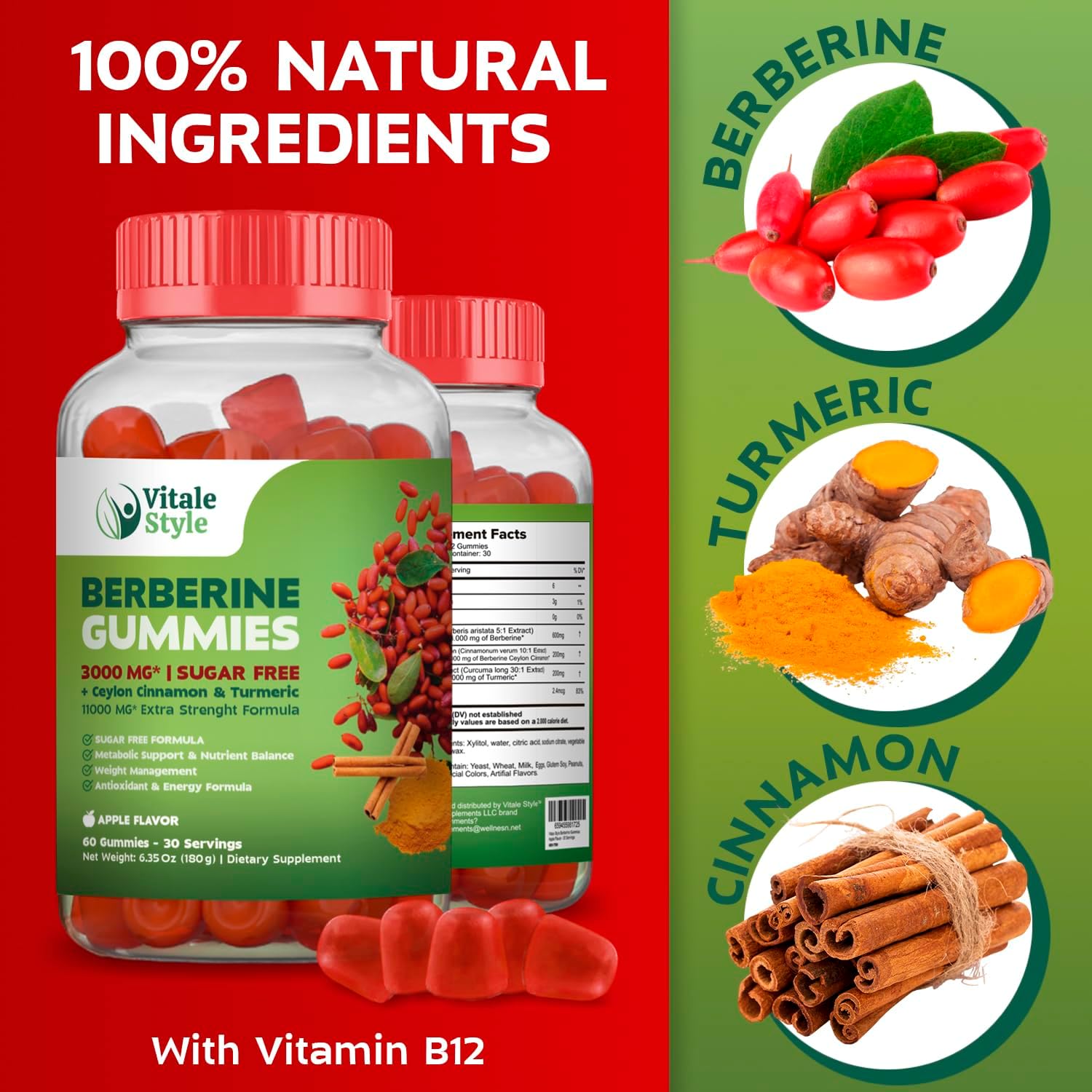 Berberine Weight Management Gummies 3000mg – Ceylon Cinnamon, Turmeric & B12 Complex | Supports Metabolic Balance & Energy |Vitale Sytyle | Vegan, Sugar-Free | 60 Gummies