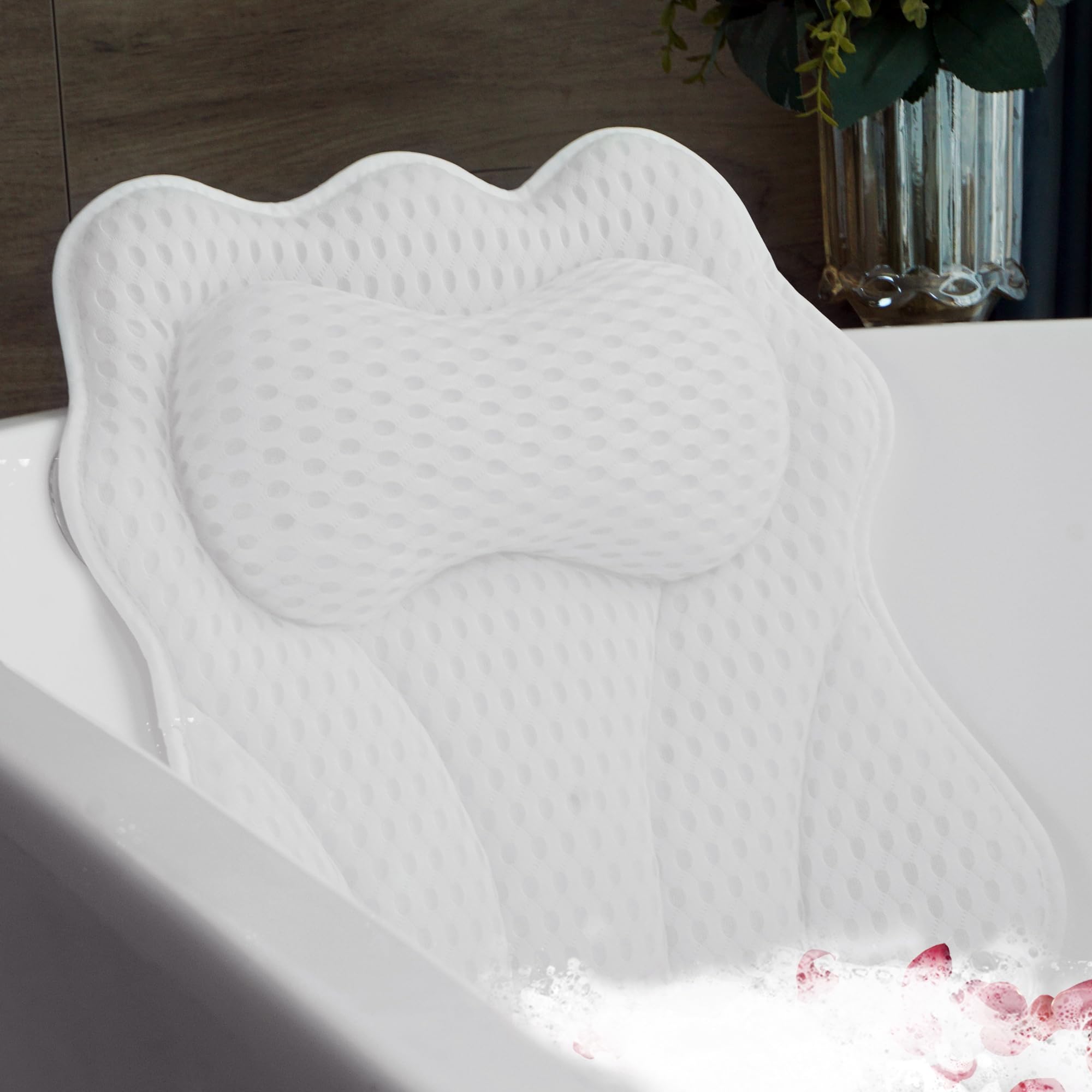 Joeyset Luxury Bathtub Pillow, 4D Air Mesh Fabric for Breathability & Quick-Drying, Extra Thick Spa Cushion for Head, Neck, Back Support, Non-Slip Tub Pillow with Strong Suction Cups (White)