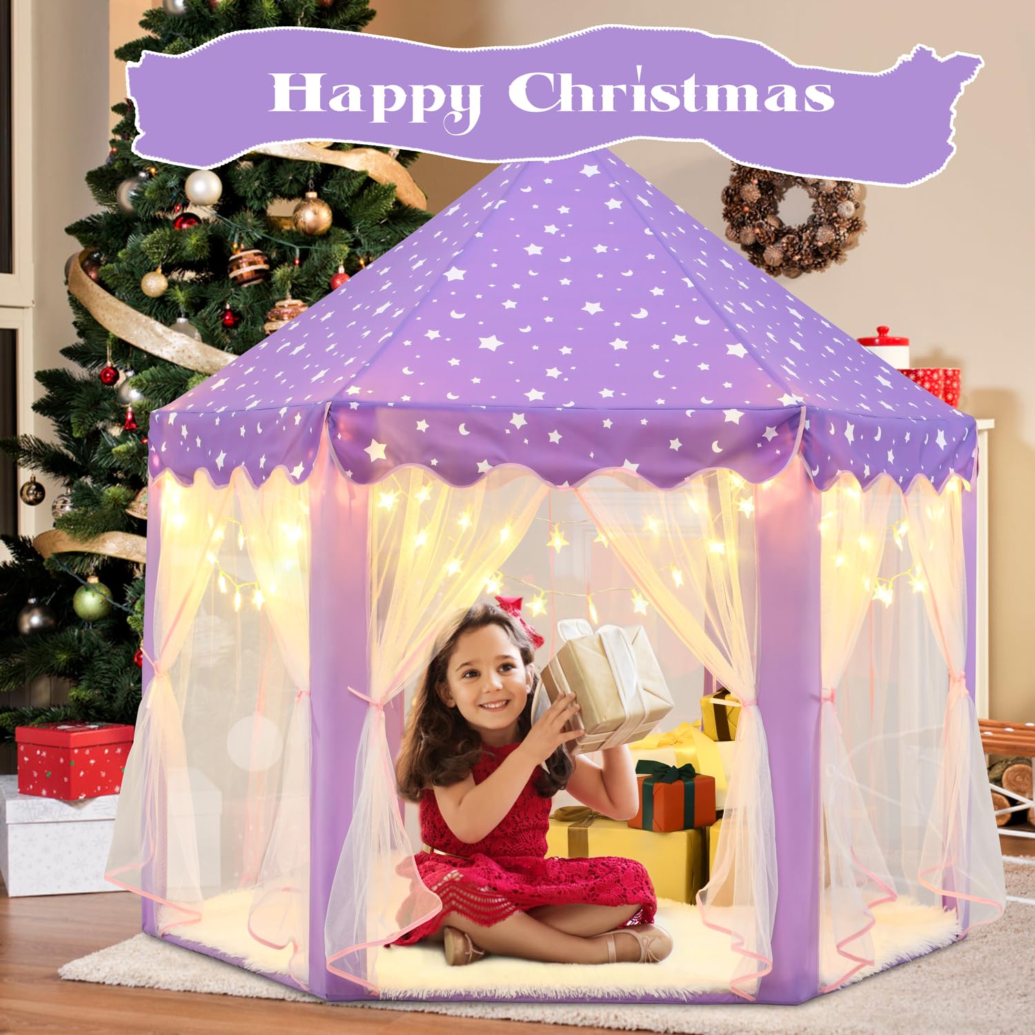 KIXINWA Purple Princess Tent for Girls, Kids Play Tent with LED Small Star Lights, Castle Playhouse Tent for Children Toddlers Indoor Outdoor Games, 55×53 Inches