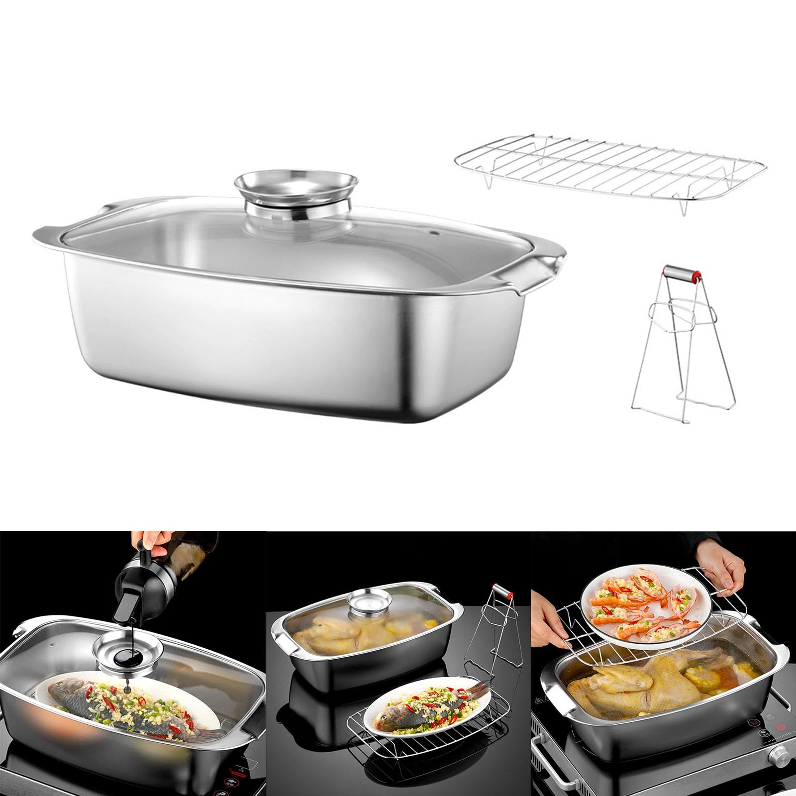 Ollas cuadradas de acero inoxidable para cocinar al vapor con estante para pescados grandes, ollas fáciles de usar