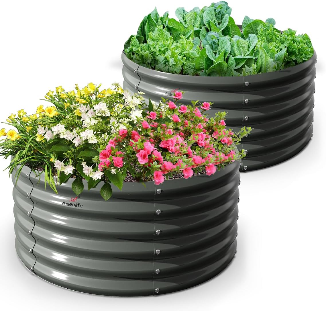 A ANLEOLIFE 2-Pack 4ft x 18” Tall Galvanized Raised Garden Beds Outdoor, Round Metal Planter Box for Planting Vegetables Flowers Herb, Anti-Rust & Easy-Setup, Quartz Grey 4×1.5ft Tall Round-quartz Grey
