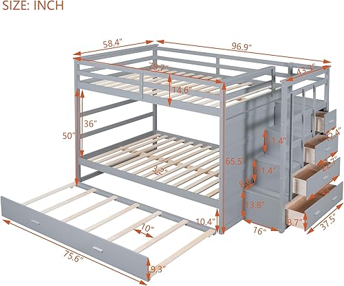 Miniatura 73 de Litera individual sobre matrimonial con cajones, escalera deslizante y almacenamiento, litera de madera con barandilla alta y escalera para niños,