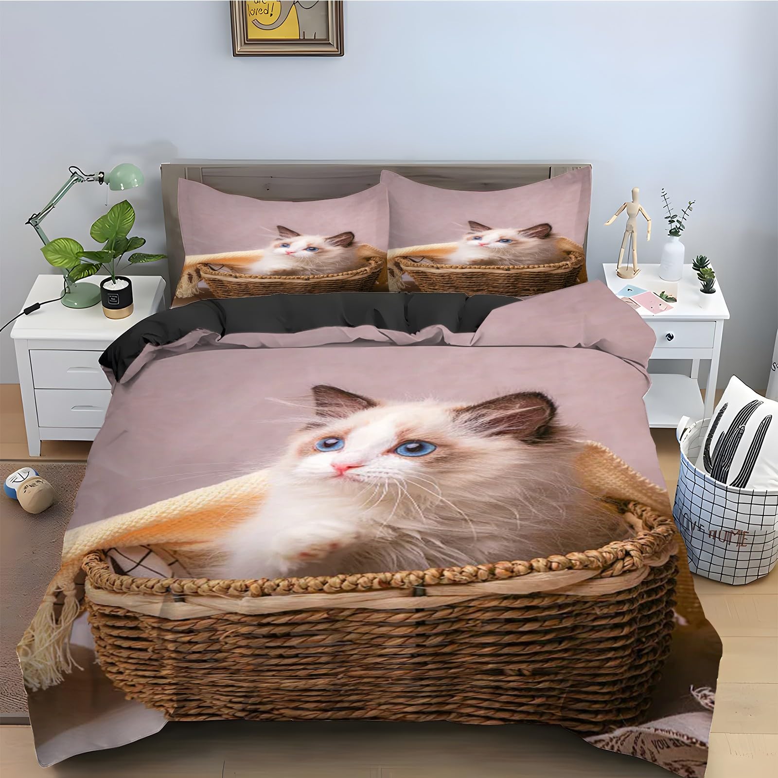 Housse de couette 220x240 chat anti-glissement avec fermeture éclair et microfibre