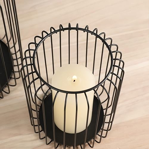 Miniatura 5 de Juego de 2 portavelas de pilar de sauce de alambre de metal, juego de decoración de candelabros para exteriores, portavelas negro, juego