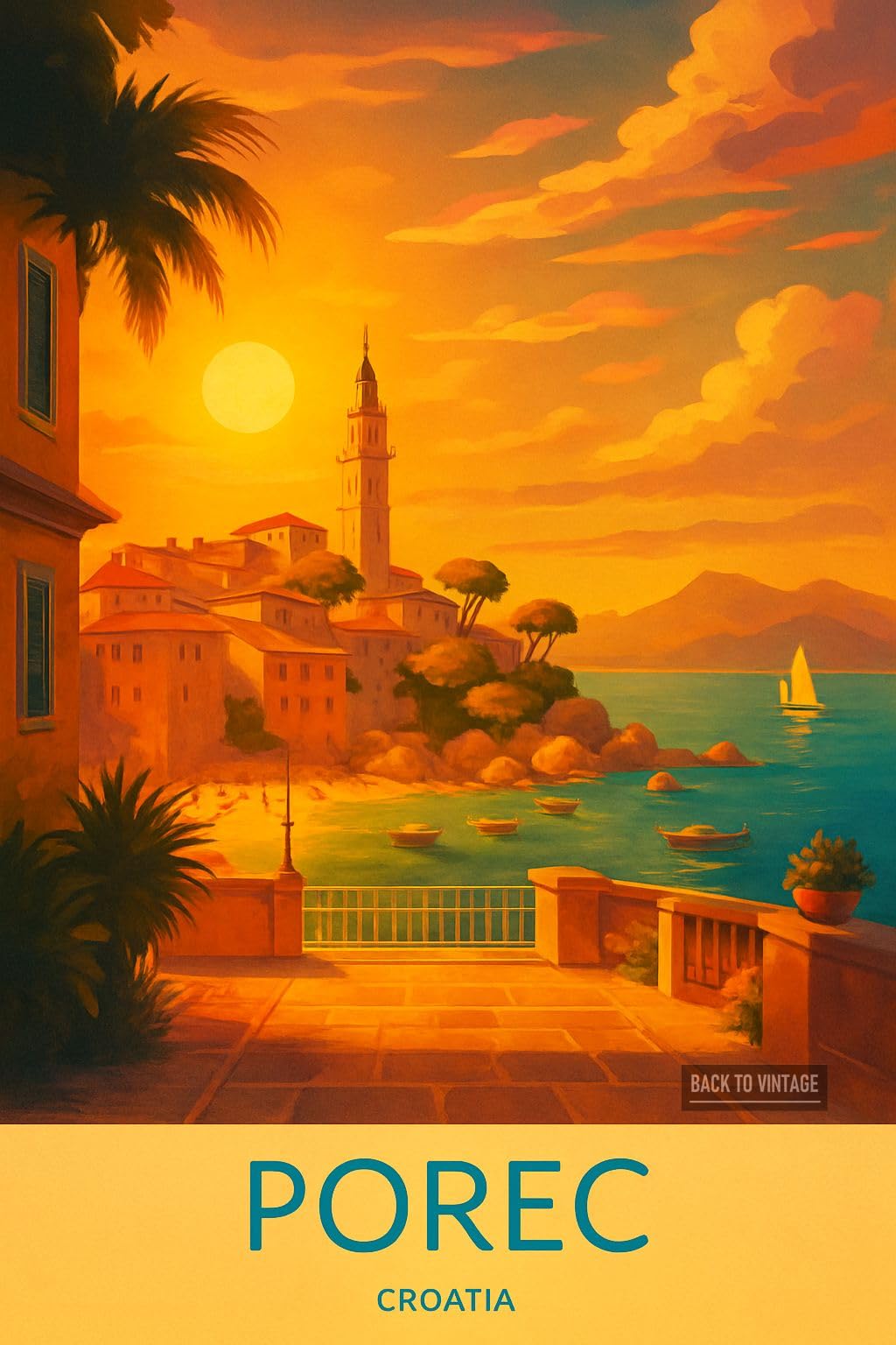 Back To Vintage Multicoloured Vintage Travel Poster Depicting Serene Sunset In Porec Croatia - A4 Travel City Poster Wall Art Home Decor Art Print With Iconic Landmarks And Global Views For Culture Inspired