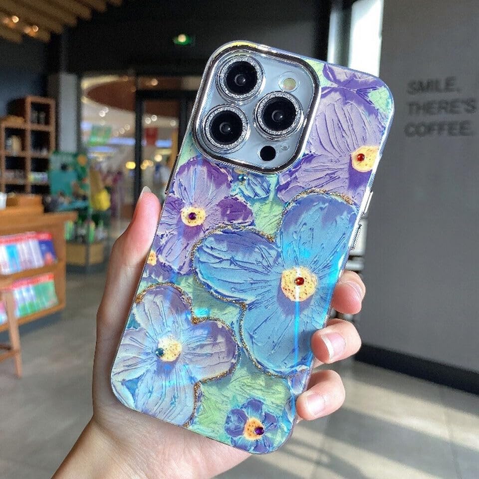 Image of Elzzi Compatible with iPhone 16 Pro Max Case 3D Laser Flower Oil Painting Cute Colorful Blue Ray Bumper with Full Camera Protection Shockproof PC+TPU Glossy Shiny Cover for Girls Women, Green