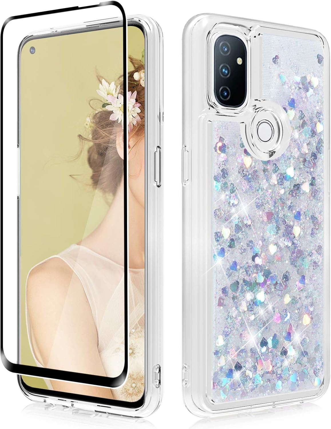 Dzxouui for Oneplus Nord N100 Case with Glass Screen Protector Girls Women TPU Clear Cover Moving Quicksand Glitter Cute Phone Cases for Oneplus Nord N100 5G(Silver)