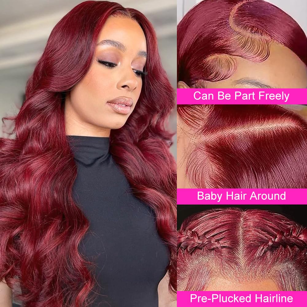 99J Burgundy Lace Front Wigs Human Hair 180% Density Wine Red Wig Human Hair Pre Plucked with Baby Hair 13x4 Body Wave HD Transparent Lace Front Wigs for Black Women(18inch)