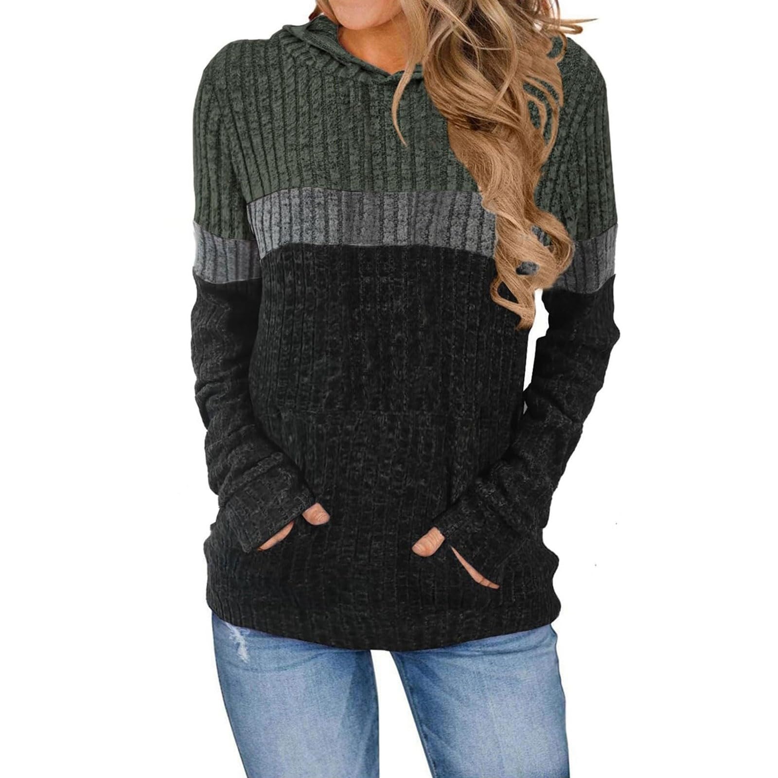 Sweaters for Women Ribbed Knit Hoodie Color Block Casual Long Sleeve Pullover Tops for Fall Winter