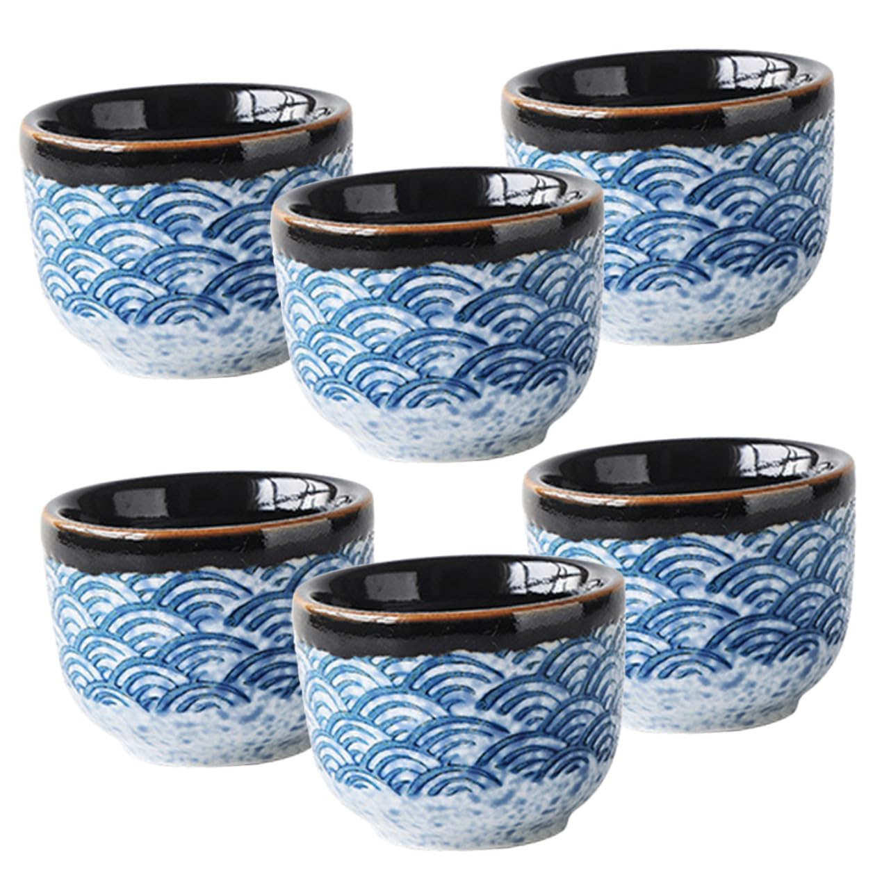 Tasse à thé japonaise céramique ondulé marin | Service 6 pièces résistant quotidien