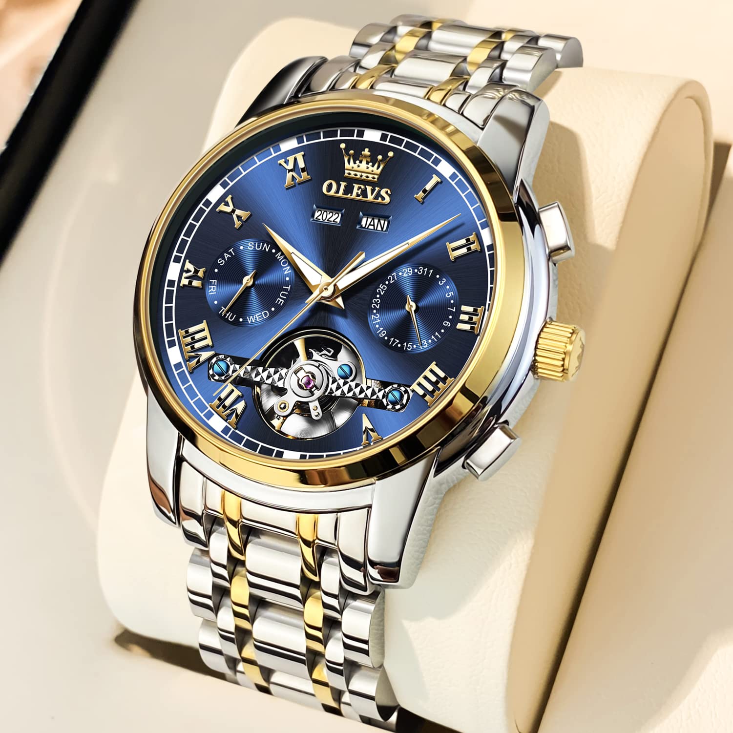 OLEVS Herrenuhren mit Datum Kalender Geschäft Quarz Armbanduhr Analog Edelstahl Wasserdicht Leuchtend Zwei-Farbig Casual Armbanduhr