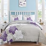 Luxudecor Floral Comforter Set Queen Size, 7 Pieces Bed in a Bag Purple Floral Comforter and Sheet Set, Soft Microfiber Complete Bedding Sets for All Seasons