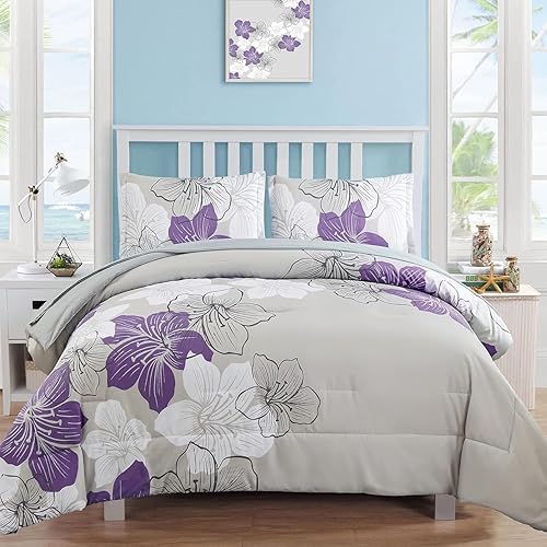 Luxudecor Floral Comforter Set Full Size Purple Floral Pattern Bedding Comforter Soft Microfiber 7 Pieces Bed in a Bag (1 Comforter, 2 Pillow Shams, 1 Flat Sheet, 1 Fitted Sheet, 2 Pillowcases)