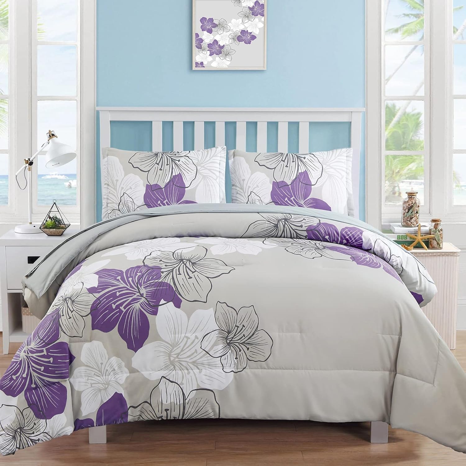 Luxudecor Floral Comforter Set Full Size Purple Floral Pattern Bedding Comforter Soft Microfiber 7 Pieces Bed in a Bag (1 Comforter, 2 Pillow Shams, 1