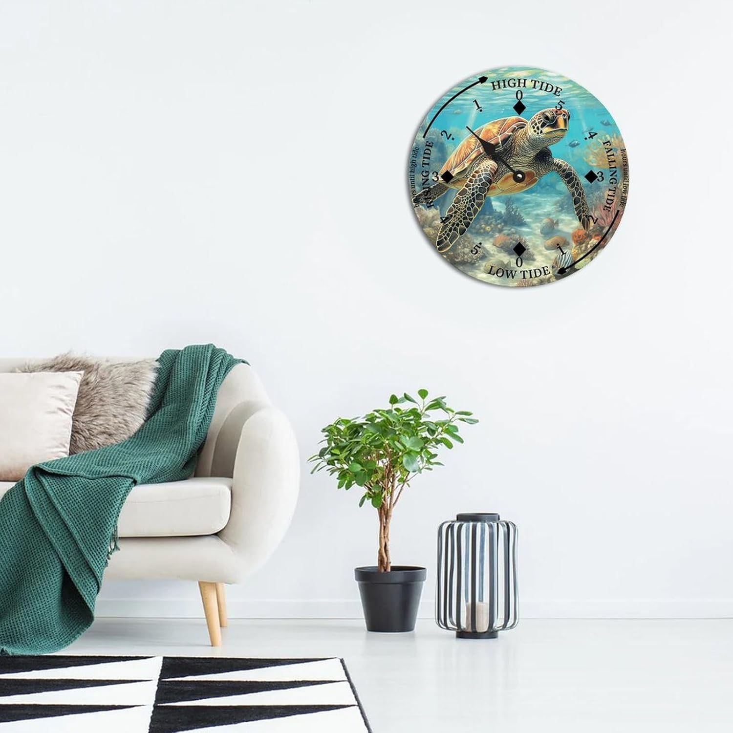 Rustic Wood Tide Clock Sea Turtle Ocean Time Rustic Wooden Clock Wood Moon Tidal Clock for Wall High and Low Tide Movement Clock for Seaside House Cottage Hotel Camping 15x15 in