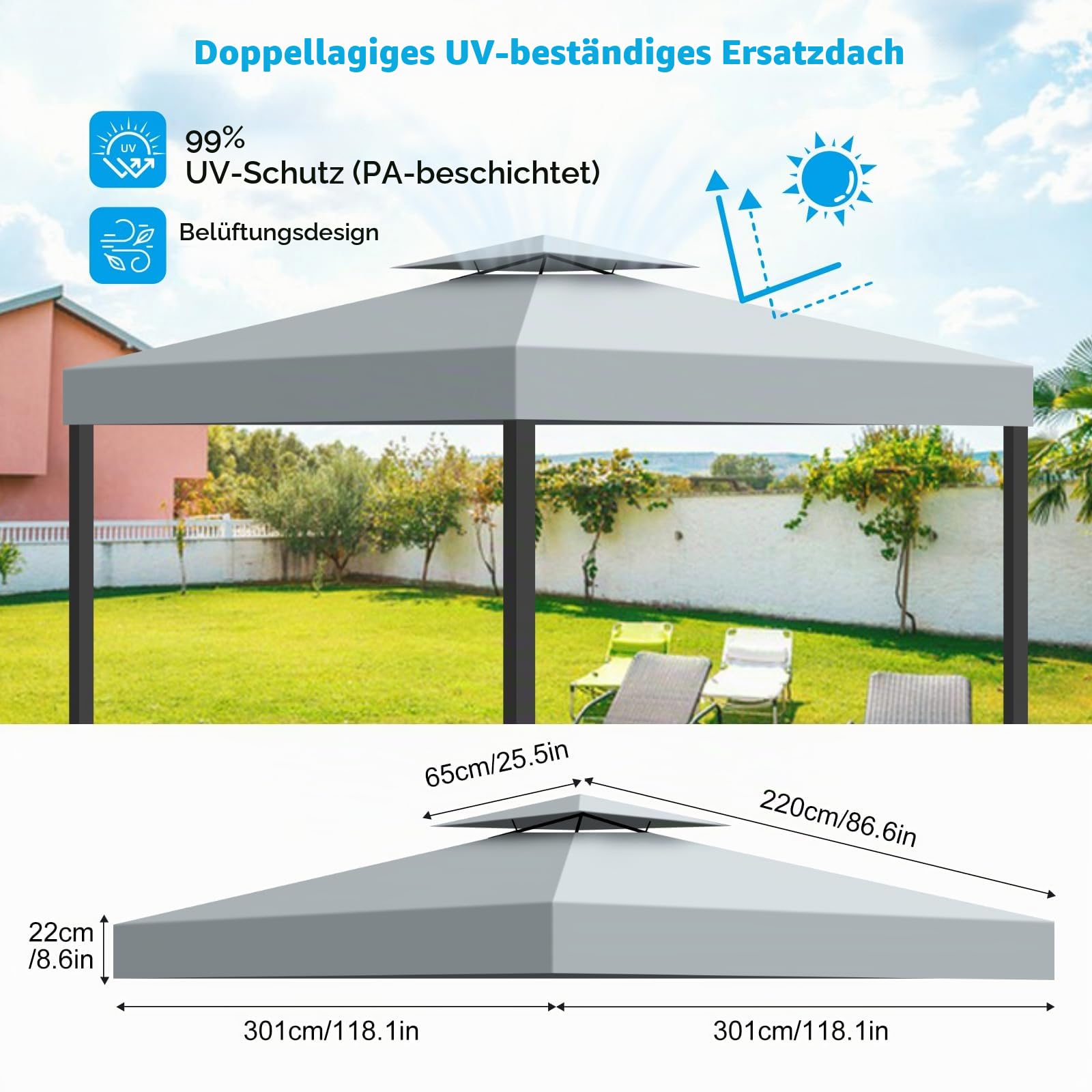 3x3m Pavillon Ersatzdach Wasserdicht Doppeldach mit Air Vent, UV-Beständig, 300D Polyester Gartenpavillon Ersatzbezug Pavillondach für Garten, Camping, Grillen (Grau)