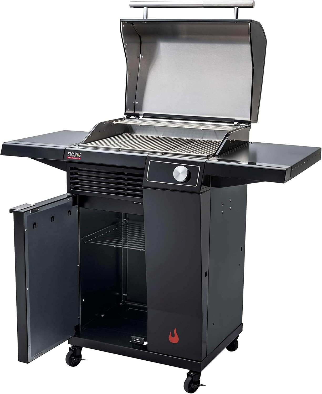 Char-Broil SMART-E Electric Grill with cabinet door open, showing internal storage