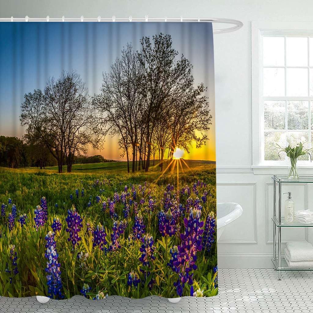 City Texas Shower Curtain Set Bluebonnet Filed Sunset Spring Bathroom Curtains Polyester Fabric Waterproof Bath Curtains Decor 66" W x 72" L with Hooks