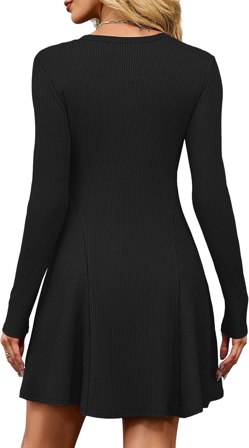 OFEEFAN Sweater Dress for Women Fall 2025 Long Sleeve Crew Neck Ribbed Knit Fit and Flare A-Line Dresses - Image 5
