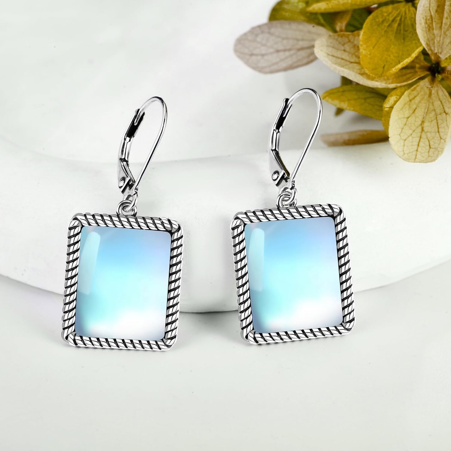 VONALA Moonstone Earrings Square for Women 925 Sterling Silver Moonstone Drop Earrings Dangle Leverback Jewelry Gifts for Her