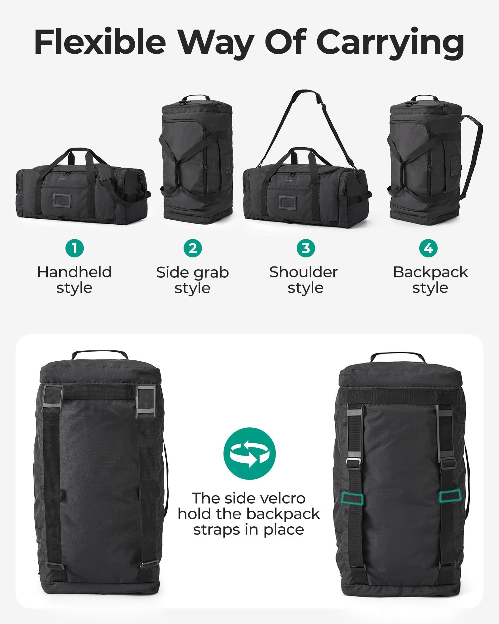 BAGSMART Faltbare Reisetasche Große, 60L Leicht 4 in 1 Reisetaschen Herren Damen Sporttasche Weekender Travel Bag Reise-Rucksack Handgepäck Duffle Bag, Schwarz
