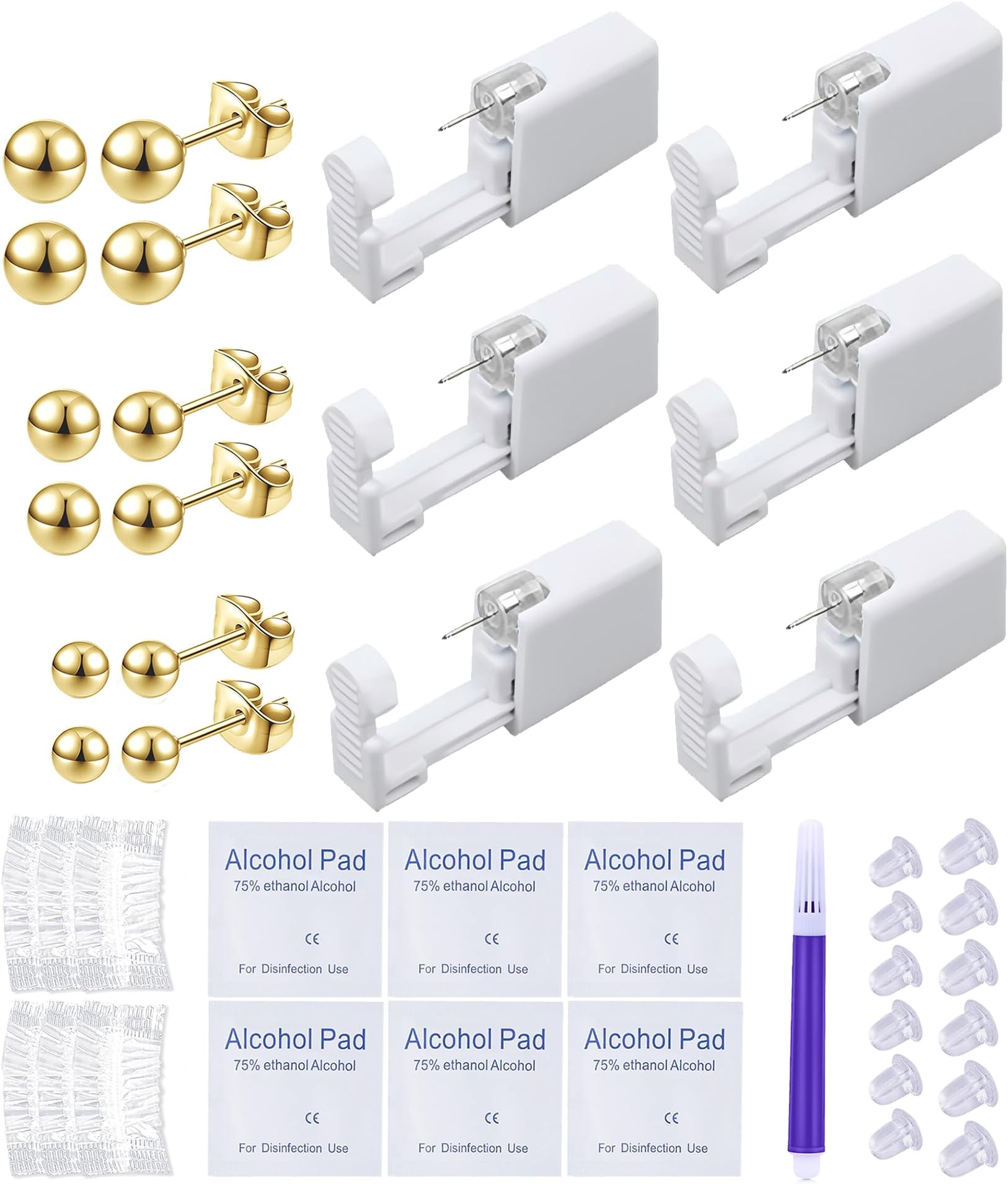 Disposable Ear Piercing Gun Kit Ear Cartilage Piercing Kit Easy and Safe Earring Self for Yourself Use at Home(Gold Ball Pattern 234mm)