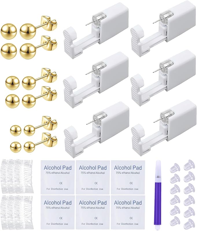 Kit para Piercing de Orelha VitaCool com 6 Pistolas Descartáveis e Brincos Dourados