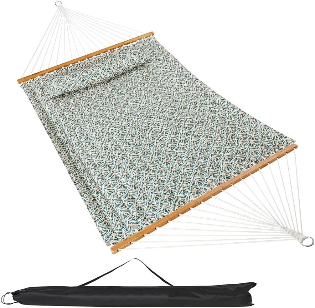 VALLEYRAY Quilted  Hammock  with Spreader Bars,  Swing  with Chains Hooks and Detachable Pillow, 75" x 55" Large  Hammock  Bed, Quilted Fabric  Hammock  with Wooden Spreader Bar for 2 Persons, 450 Capcity.