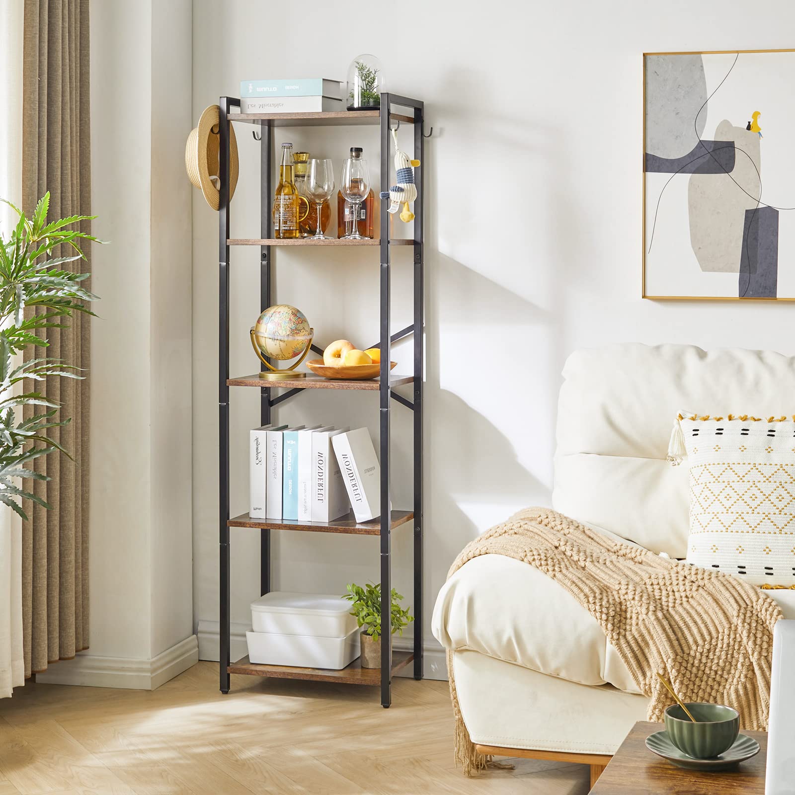 YMYNY HBC004H Opbergrek met 4 niveaus met stalen frame voor woonkamer, kantoor, studeerkamer, hal, industriële stijl, rustiek bruin en zwart