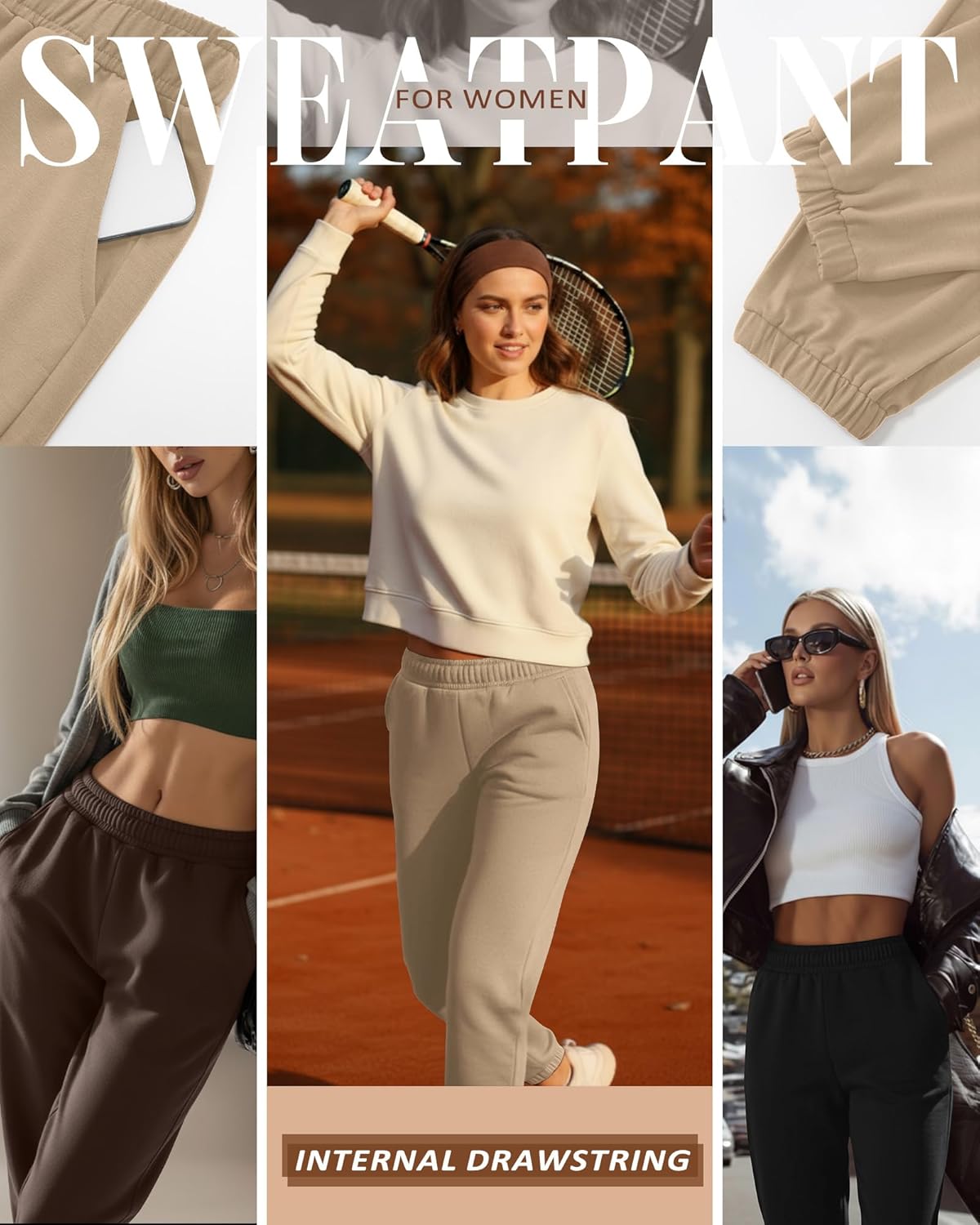 3 Pack Women's Joggers Sweatpants with Pockets, Elastic High Waisted Drawstring Baggy Lounge Trousers Yoga Workout - Image 3