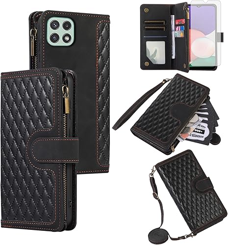 Asuwish Funda de teléfono para Samsung Galaxy A22 5GBoost Mobile Celero 5G Funda tipo cartera con protector de pantalla de vidrio templado y correa
