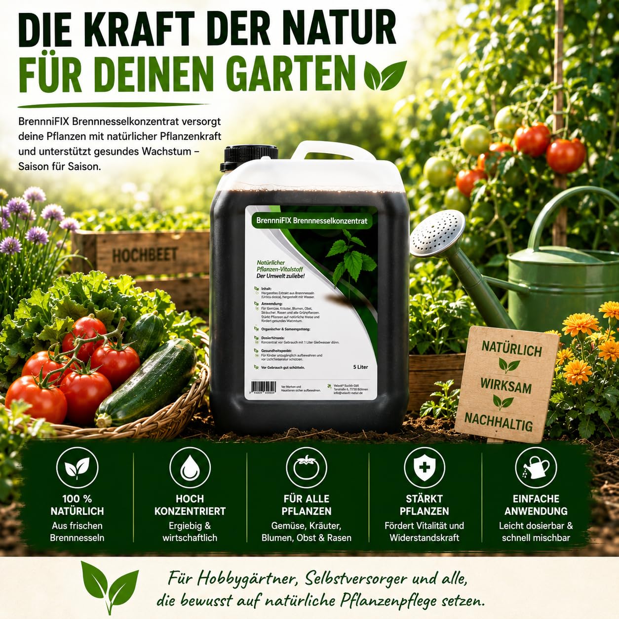 organischer Dünger für alle Pflanzen-Arten, Gemüsedünger flüssig aus Brennnessel-Konzentrat, Brennesseljauche zur Blattlaus-Bekämpfung, Tomatendünger 5L