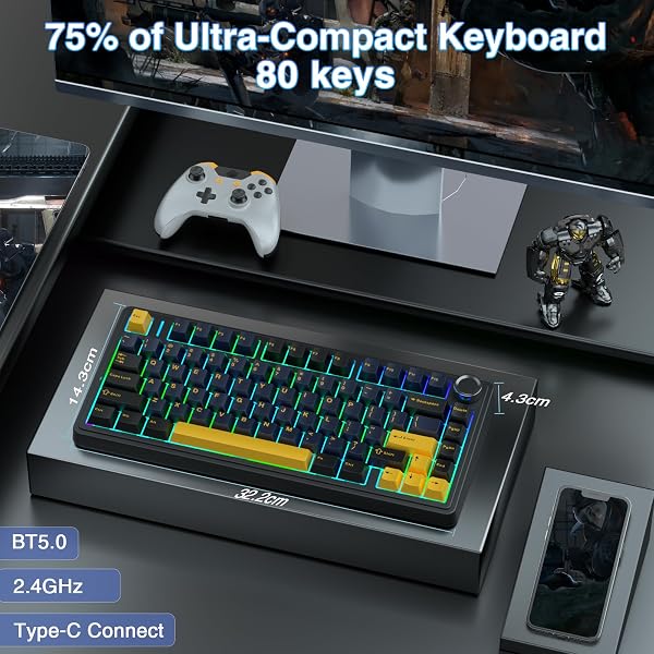 AULA F75 75% Wireless Mechanical Keyboard,2.4Ghz/Type-C/BT5.0 Gaming Keyboards,Advanced Structure,RGB Backlight,Hot Swappable Custom Keyboard for PC/Mac (Cool Black) - 2