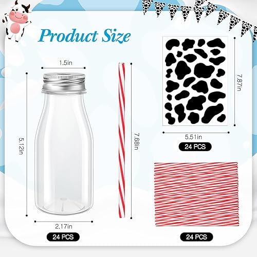 Miniatura 3 de Juego de 24 botellas de leche de plástico de 7 onzas con pajitas, tapas de metal plateado, calcomanías de leche con estampado de vaca, recipientes