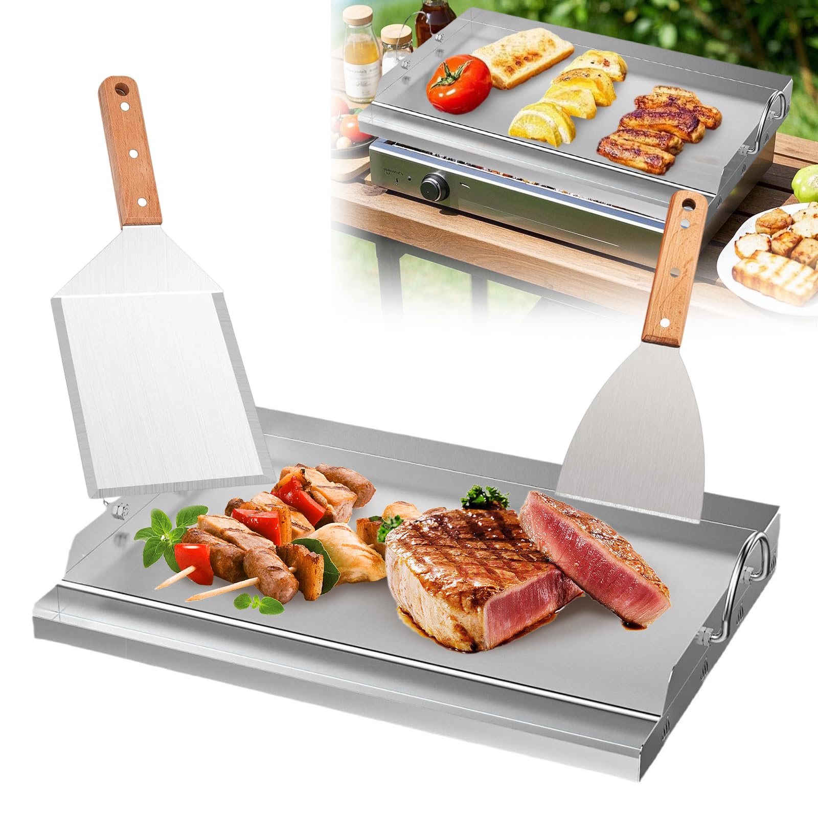 Plancha - Set di piastre per barbecue, 58 x 40 cm, con spatola e raschietto per barbecue, in acciaio inox con protezione antiscottatura e spatola per grigliare con manico in legno per barbecue a gas