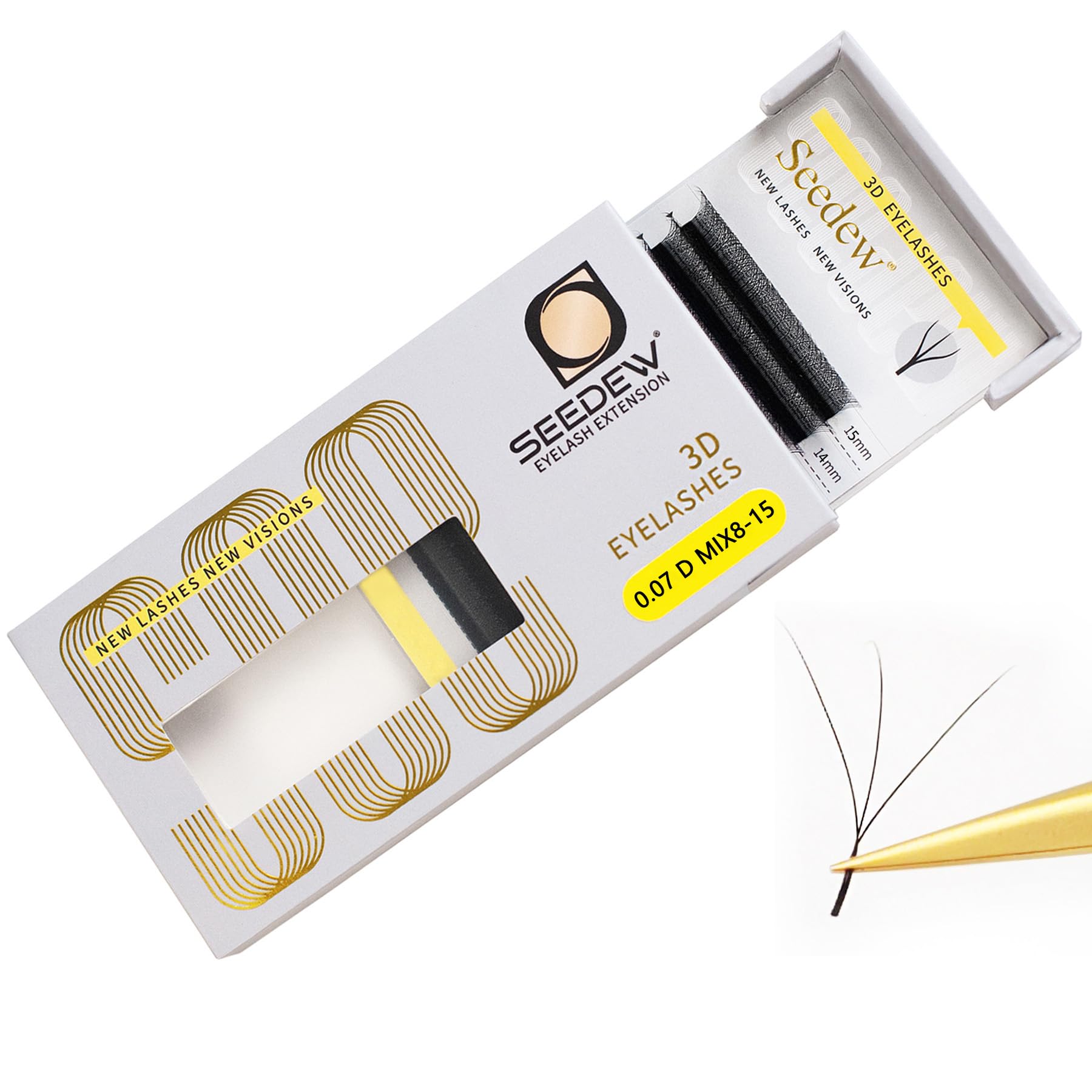 SEEDEW 3D Lash Extensions, 0.07mm D Curl MIX8-15mm 12 Rows/Tray, W Shape Flat Stem