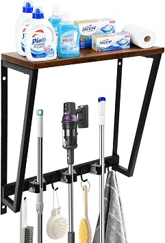 Broom Holder Shelf Wall Mount, Retro Iron Wood Broom Mop Hanger, Laundry Room Organization and Storage, Heavy Duty Garage Tool Organizer 5 Racks and 4 Hooks