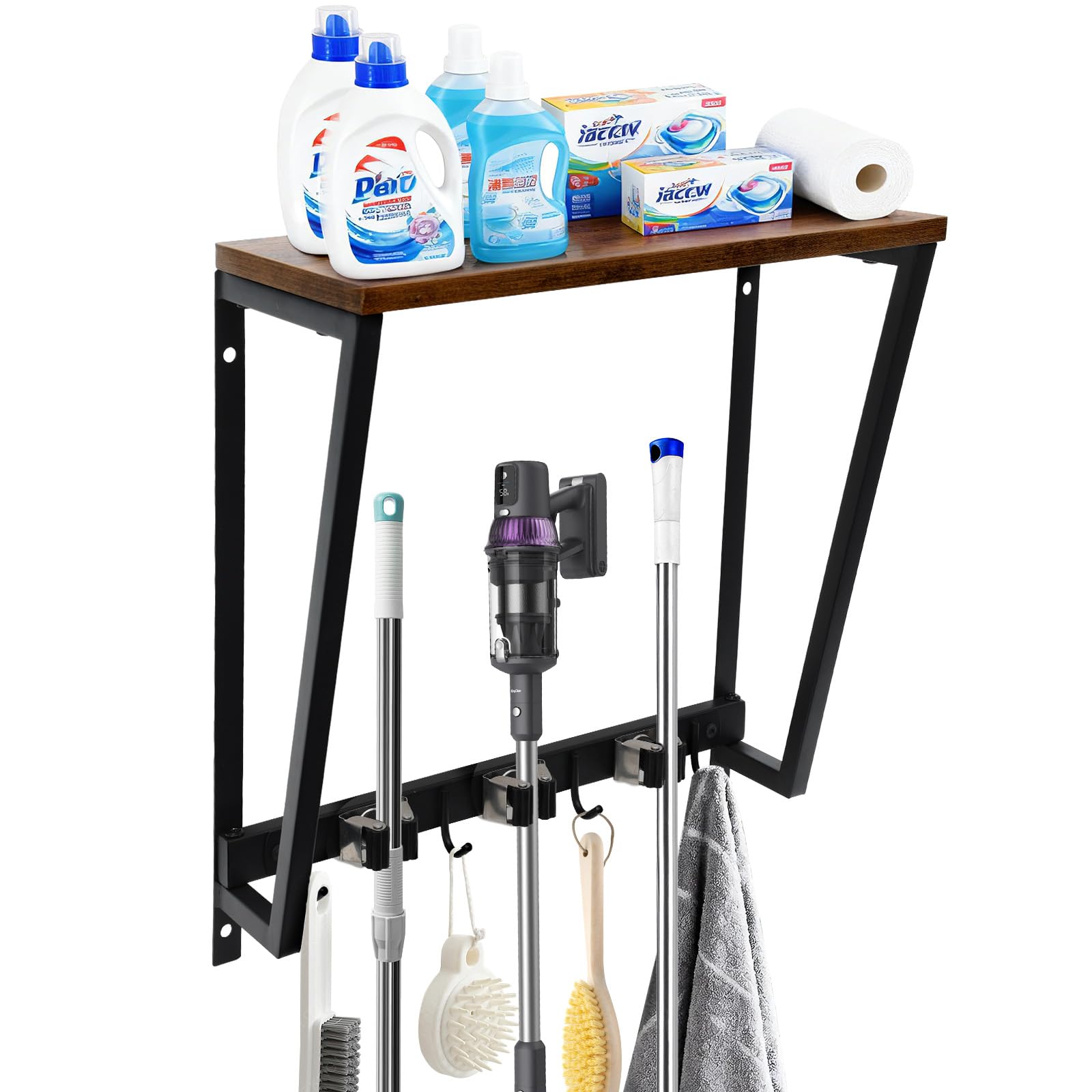 Colgador Escobas y Fregonas con Estantes de Pared con 3 Soporte, 4 Crochets, Organización y Almacenamiento para Cocina, Baño, Garaje y Jardín, Soporte Herramientas de Acero Inoxidable y Madera
