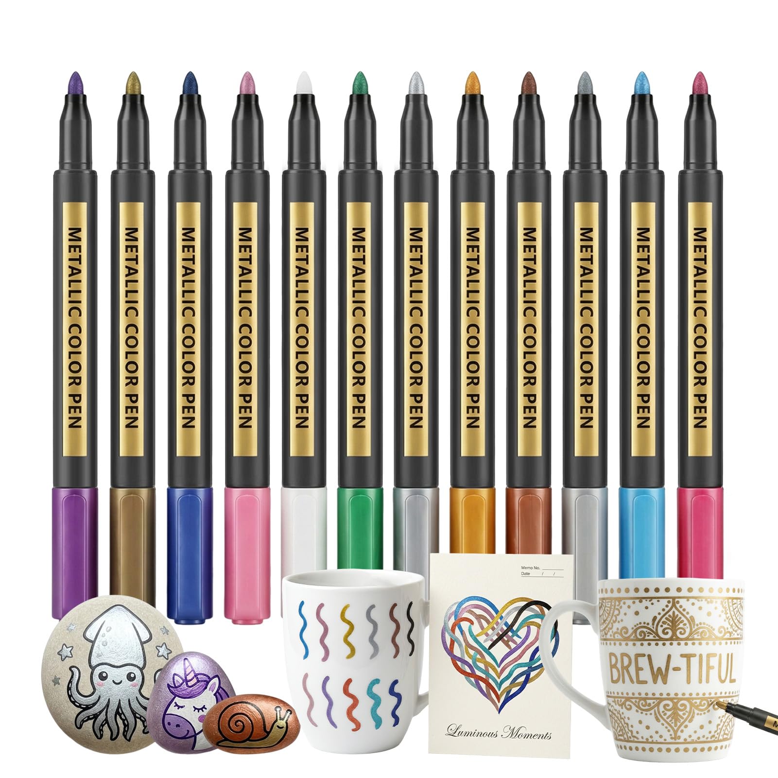 Peaflew Metallic Marker Pens, 12 Colors Glitter Pens with Carbon Fiber Tip, Metallic Pens for Rock Painting, Black Paper, Ceramic, Glass, Scrapbook Supplies, Scrapbook Pens for Kids Adults